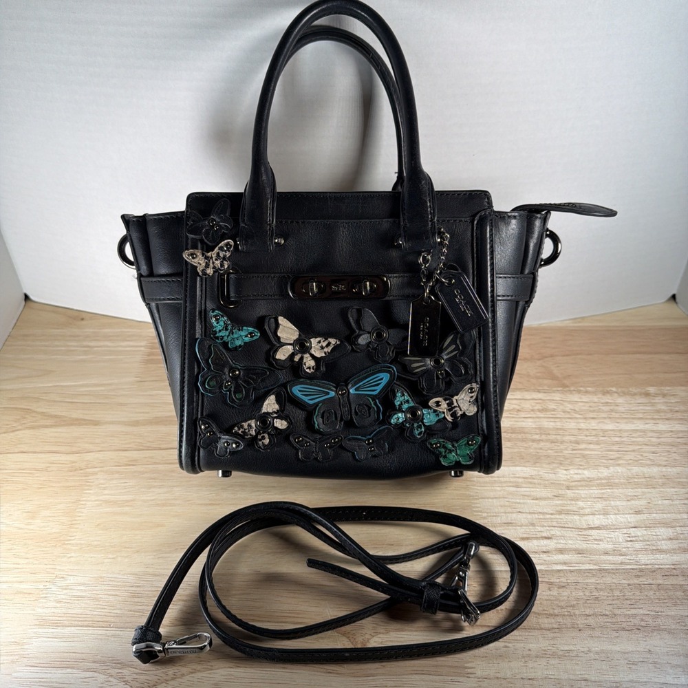 Coach Swagger 17 Black Butterfly Applique Genuine Leather Crossbody Bag Purse - Picture 1 of 16